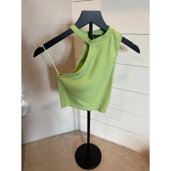 Zara Green Asymmetrical Cutout Ribbed Sleeveless Crop Top Women's‎ Size S - Picture 2 of 8